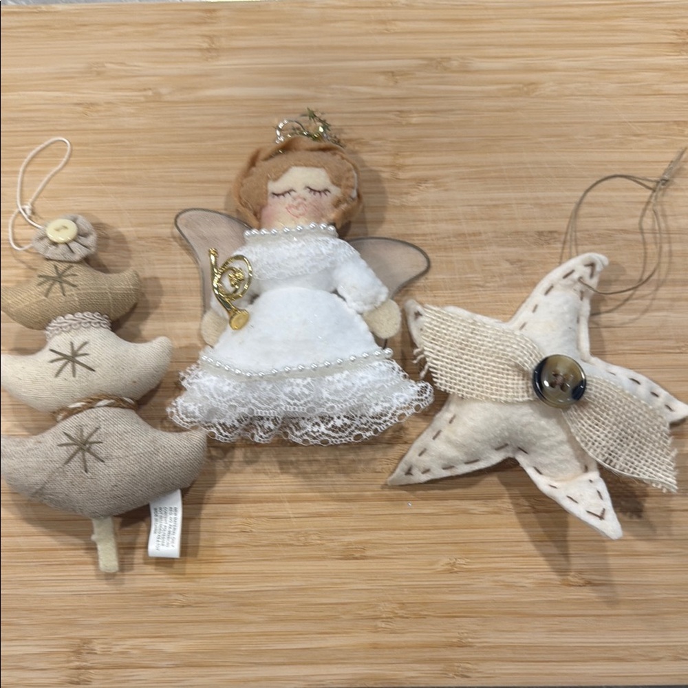 Felt Angel Tree Star Ornament Set - White Brown Gold and Tan NWOT